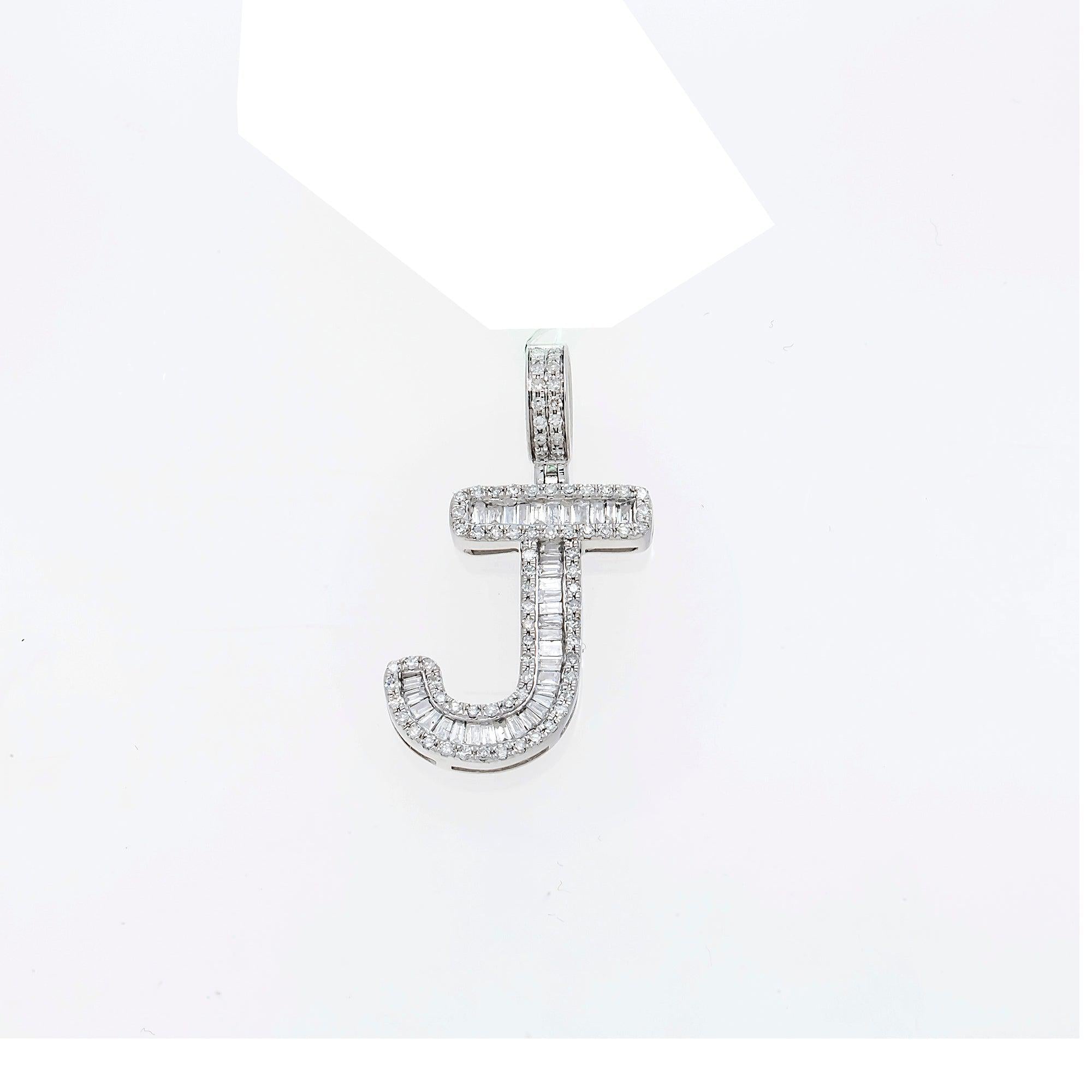 14K GOLD BAGUETTE AND ROUND DIAMOND INITIAL J PENDANT 1.60 CT
