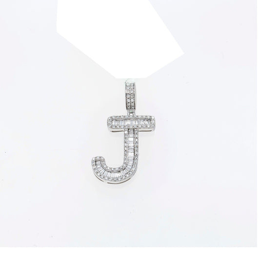 14K GOLD BAGUETTE AND ROUND DIAMOND INITIAL J PENDANT 1.60 CT