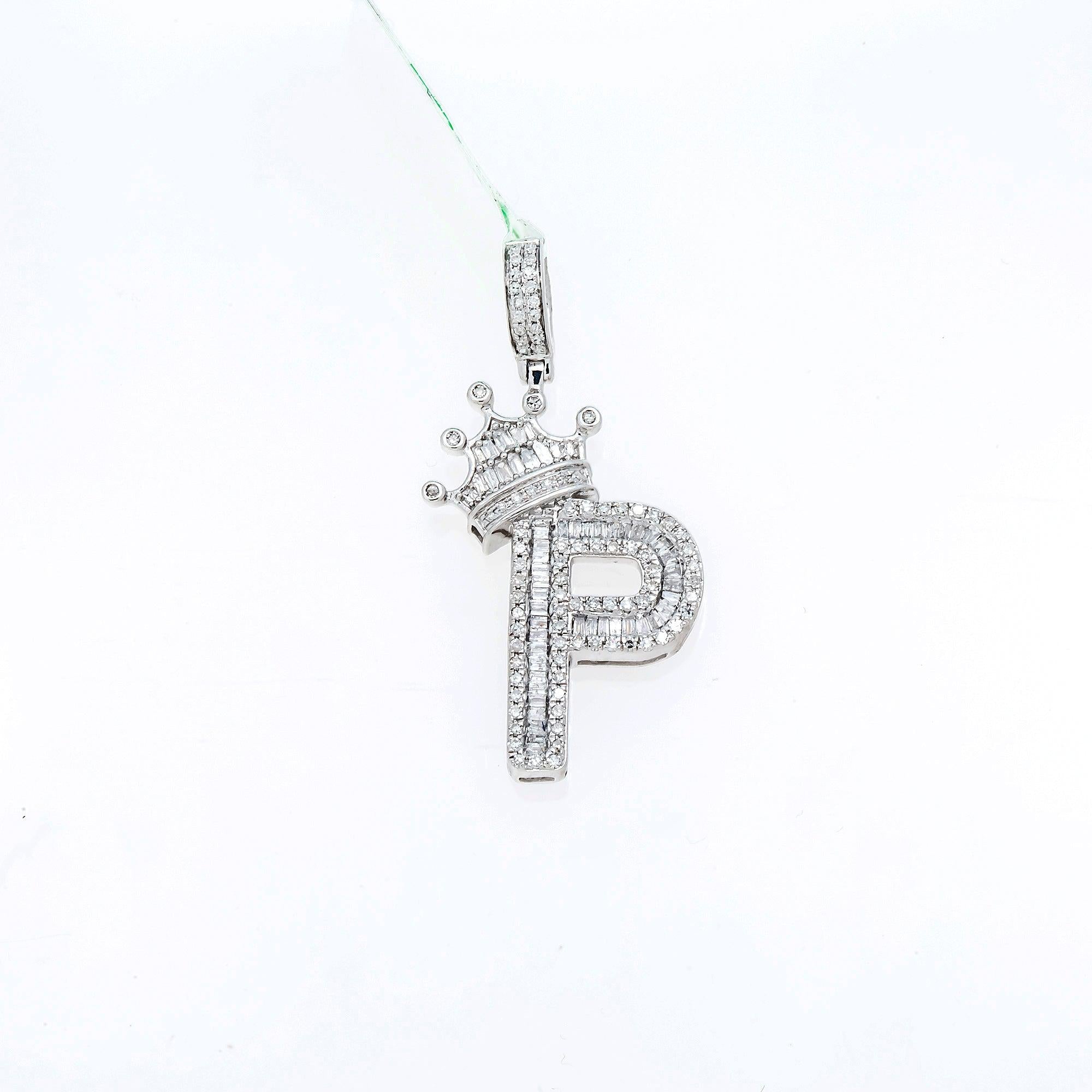 10K GOLD BAGUETTE DIAMOND INITIAL P WITH CROWN PENDANT 0.69 CT