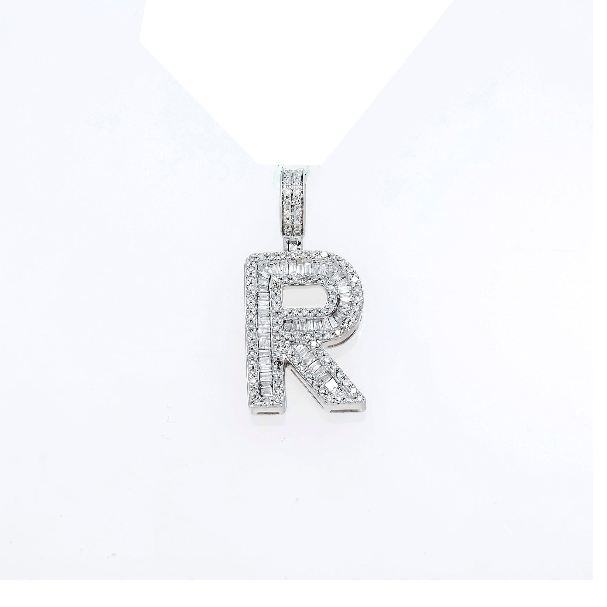 10K GOLD BAGUETTE AND ROUND DIAMOND INITIAL R PENDANT 1.50 CT