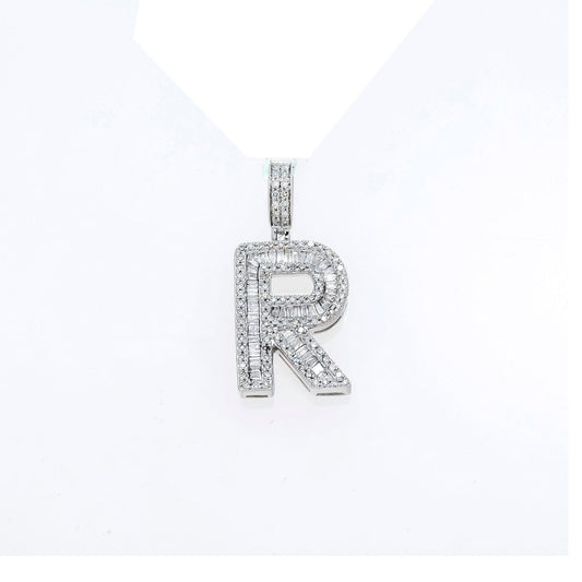 10K GOLD BAGUETTE AND ROUND DIAMOND INITIAL R PENDANT 1.50 CT