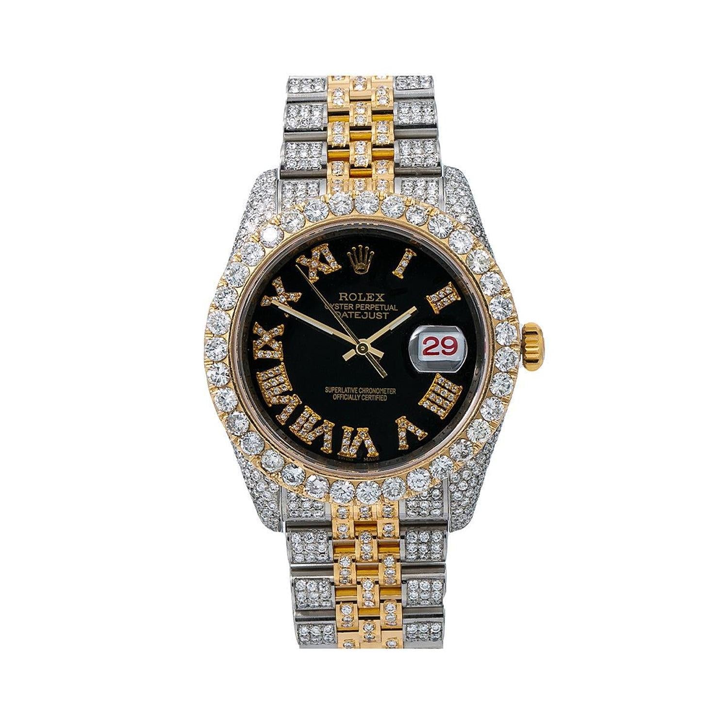 Rolex Datejust 36MM 116233 Black Roman Dial Diamond Bezel Two Tone Full Diamond Jubilee Bracelet
