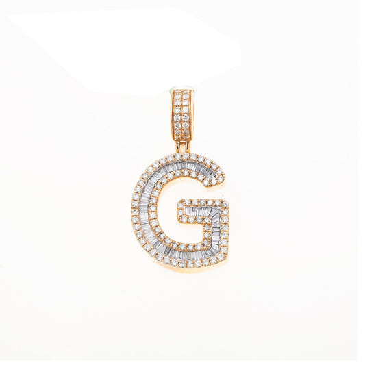 10K GOLD BAGUETTE AND ROUND DIAMOND INITIAL G PENDANT 1.50 CT