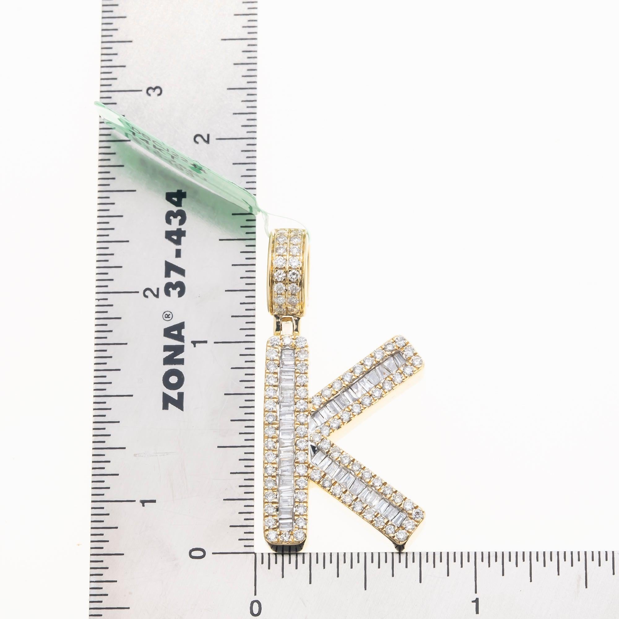 10K GOLD BAGUETTE AND ROUND DIAMOND INITIAL K PENDANT 1.50 CT
