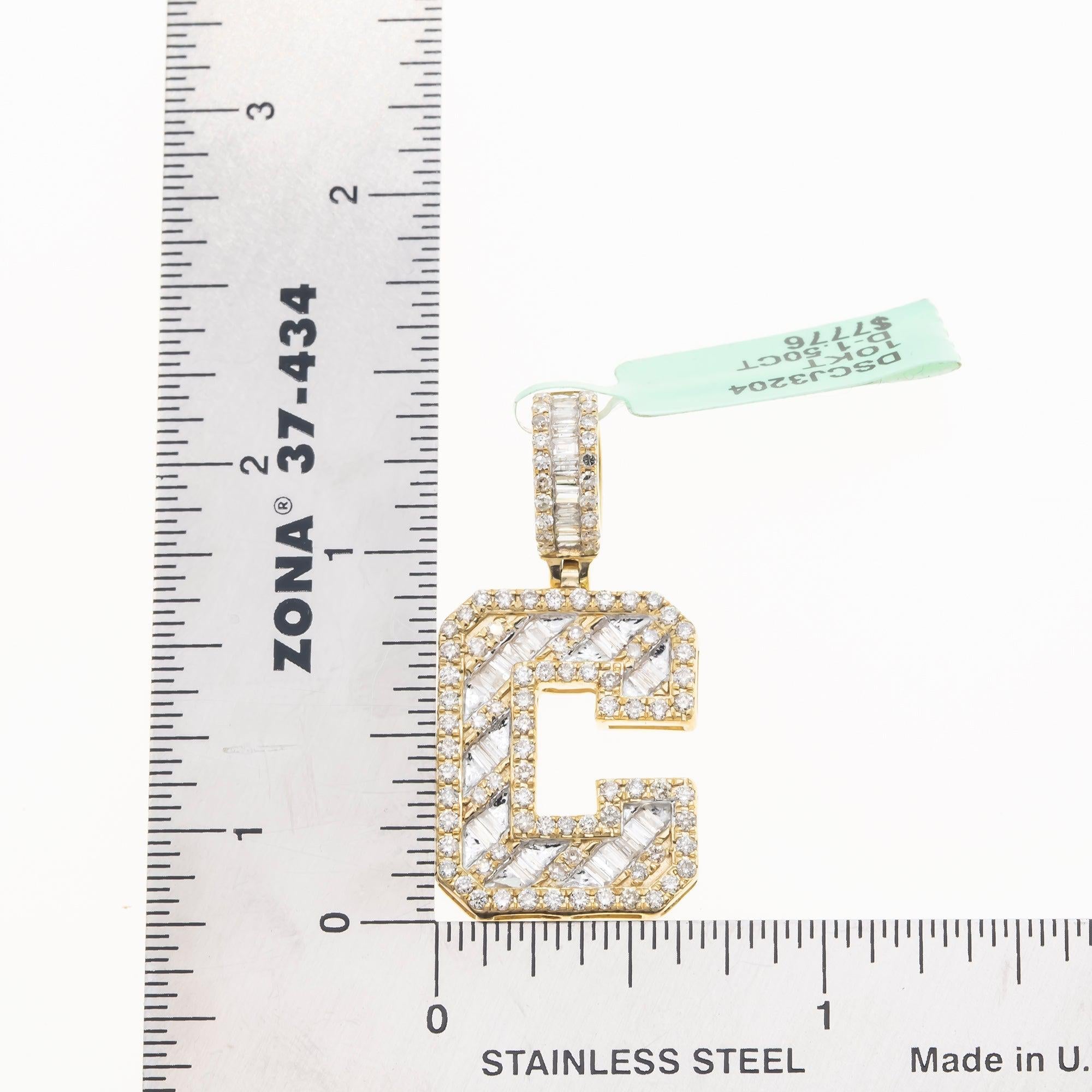 10K GOLD BAGUETTE AND ROUND DIAMOND INITIAL C PENDANT 1.50 CT