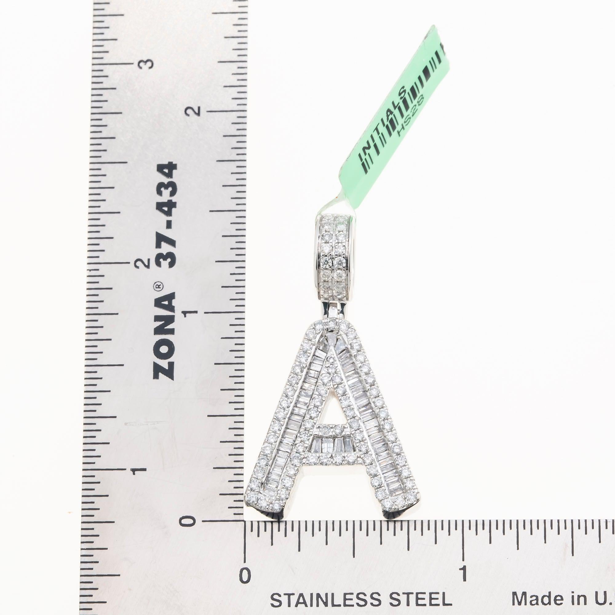 10K GOLD BAGUETTE AND ROUND DIAMOND INITIAL A PENDANT 1.50 CT