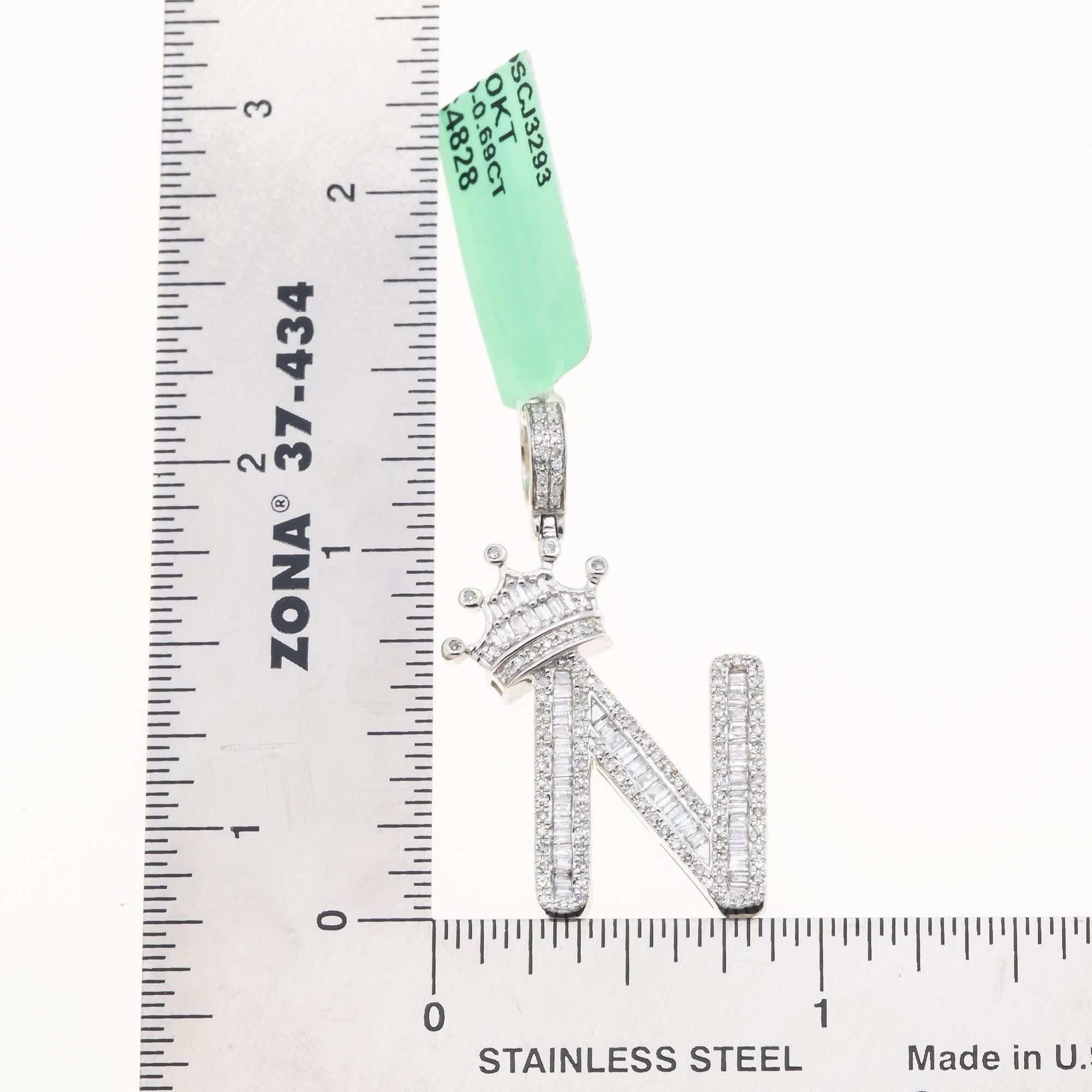 10K GOLD BAGUETTE DIAMOND INITIAL N WITH CROWN PENDANT 0.69 CT