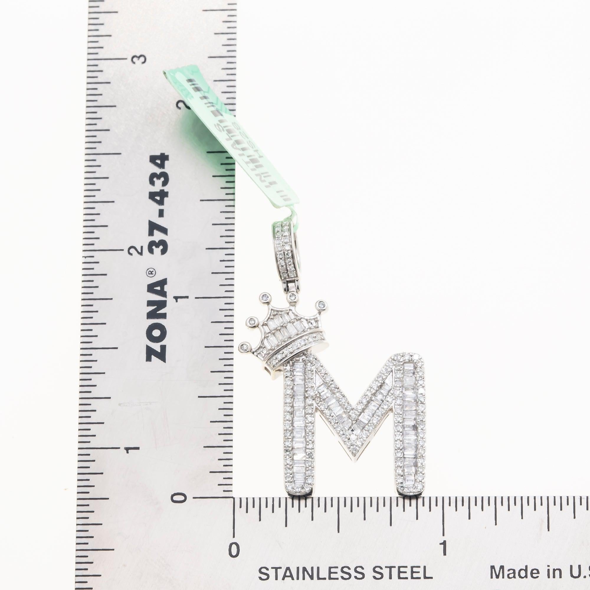 10K GOLD BAGUETTE DIAMOND INITIAL M WITH CROWN PENDANT 0.69 CT