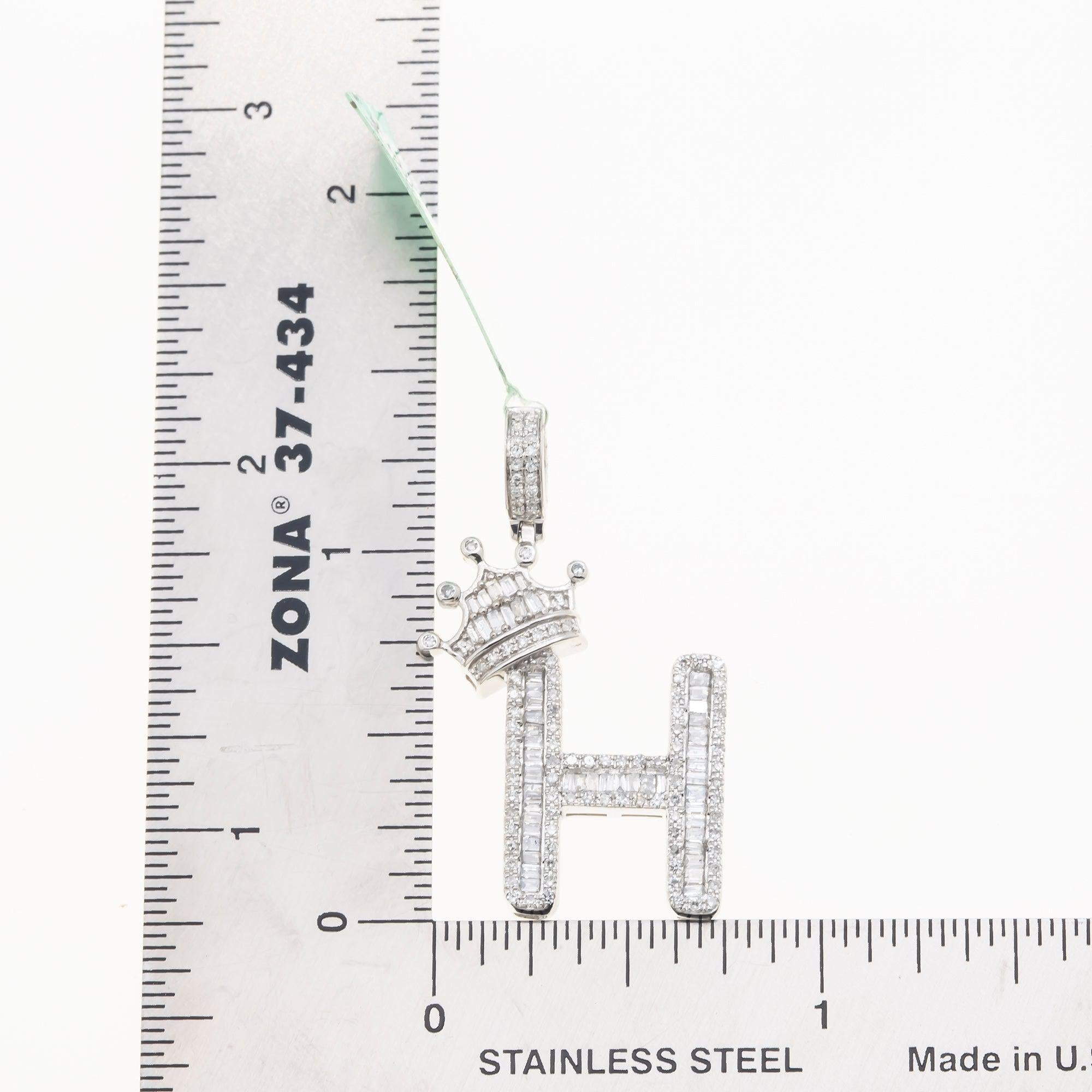 10K GOLD BAGUETTE DIAMOND INITIAL H WITH CROWN PENDANT 0.69 CT