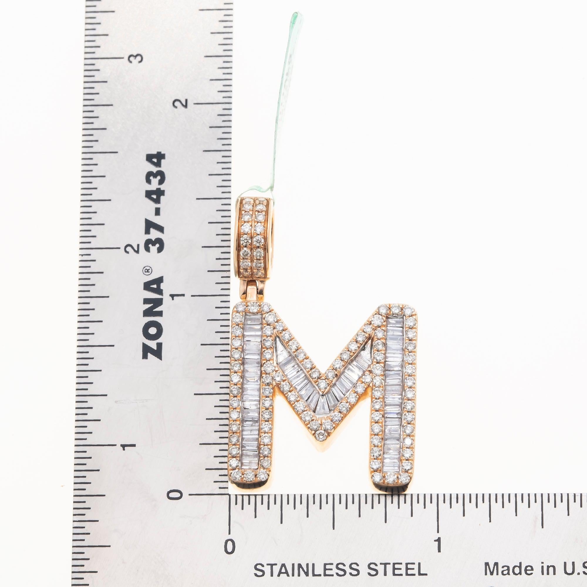 10K GOLD BAGUETTE AND ROUND DIAMOND INITIAL M PENDANT 1.50 CT