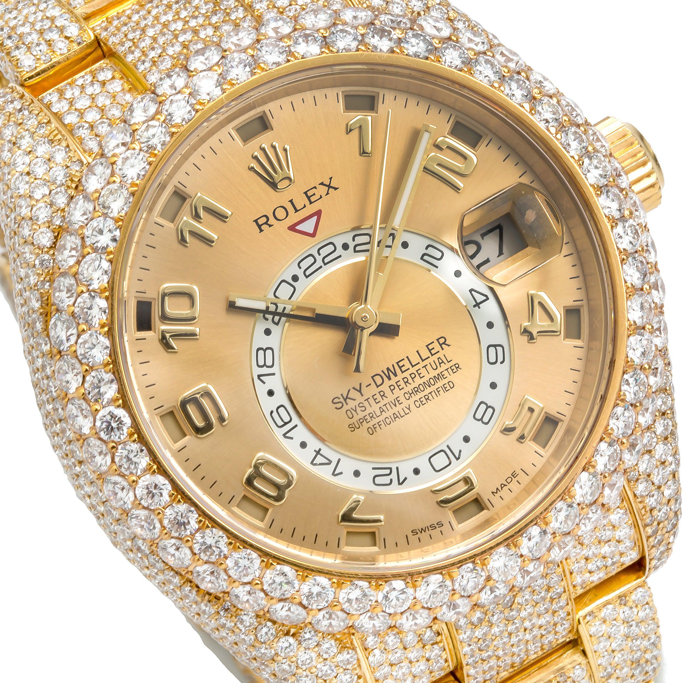 Rolex Sky-Dweller 42MM 326938 Champagne Dial Diamond Bezel Yellow Gold Full Diamond Oyster Bracelet 23.75ct