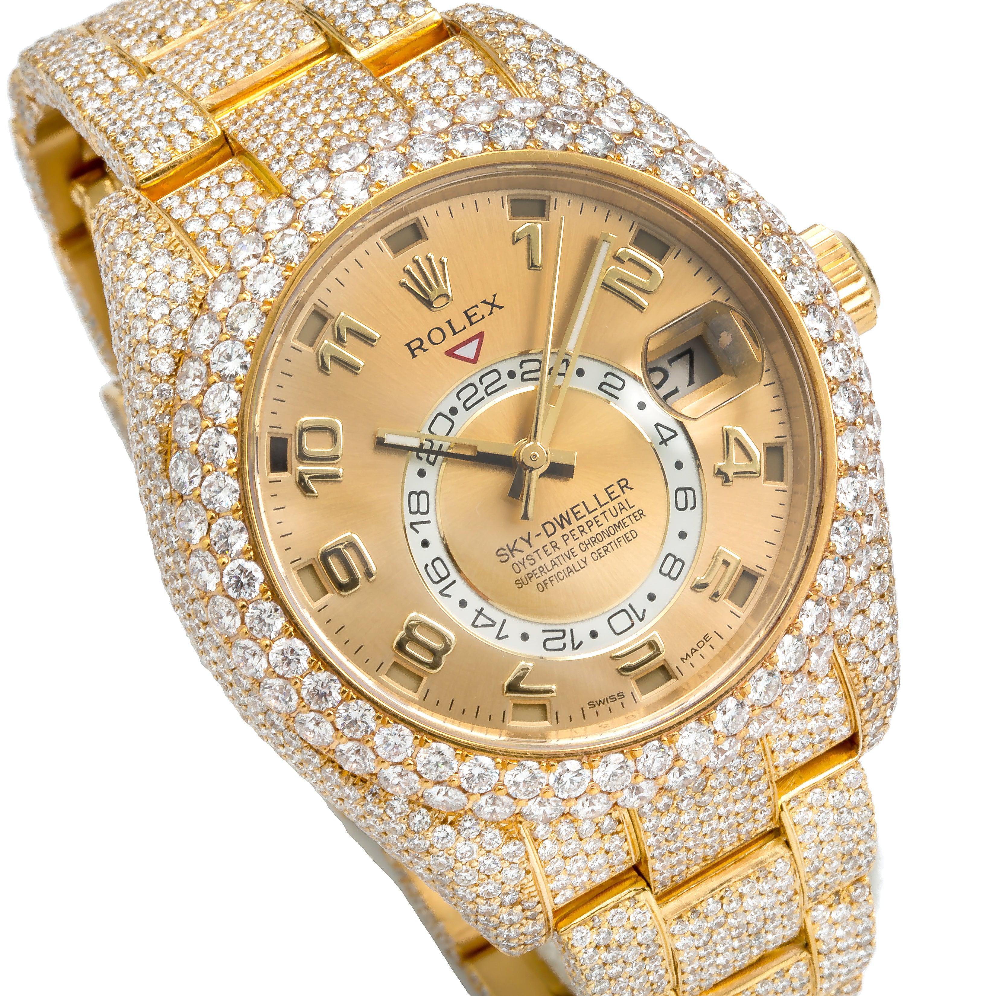 Rolex Sky-Dweller 42MM 326938 Champagne Dial Diamond Bezel Yellow Gold Full Diamond Oyster Bracelet 23.75ct