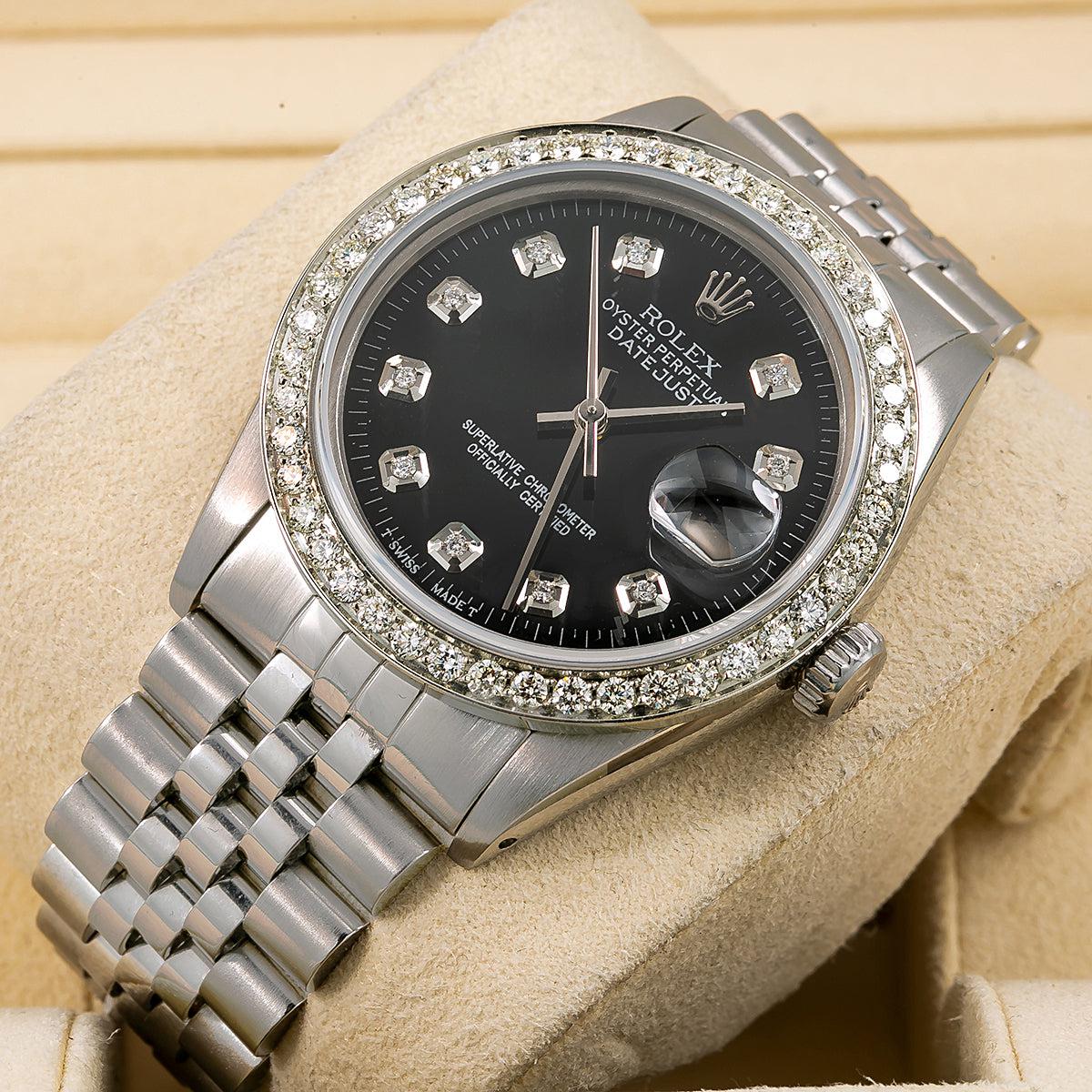 Rolex Oyster Perpetual Diamond Watch, Datejust 16014 36mm, Black Diamond Dial With 1.40 CT Diamonds