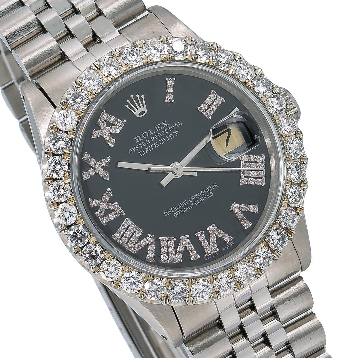 Rolex Oyster Perpetual Diamond Watch, Datejust 16014 36mm, Black Diamond Dial With 3.25 CT Diamonds