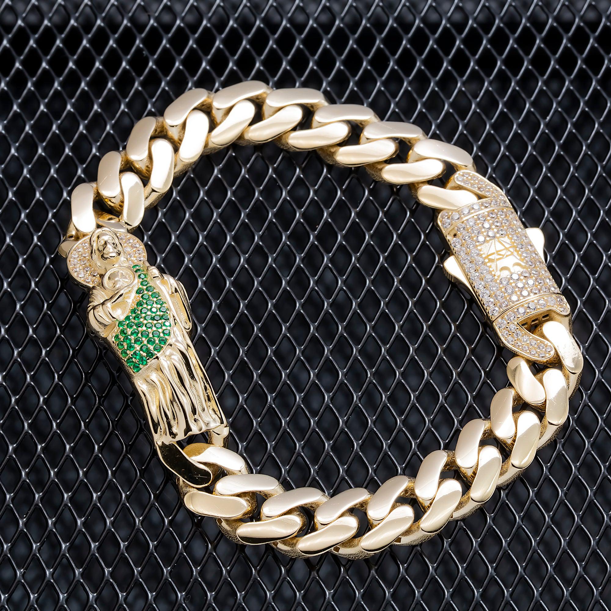 14K GOLD DIAMOND AND GREEN GEMSTONE ST. JUDE CUBAN LINK BRACELET 24.1G