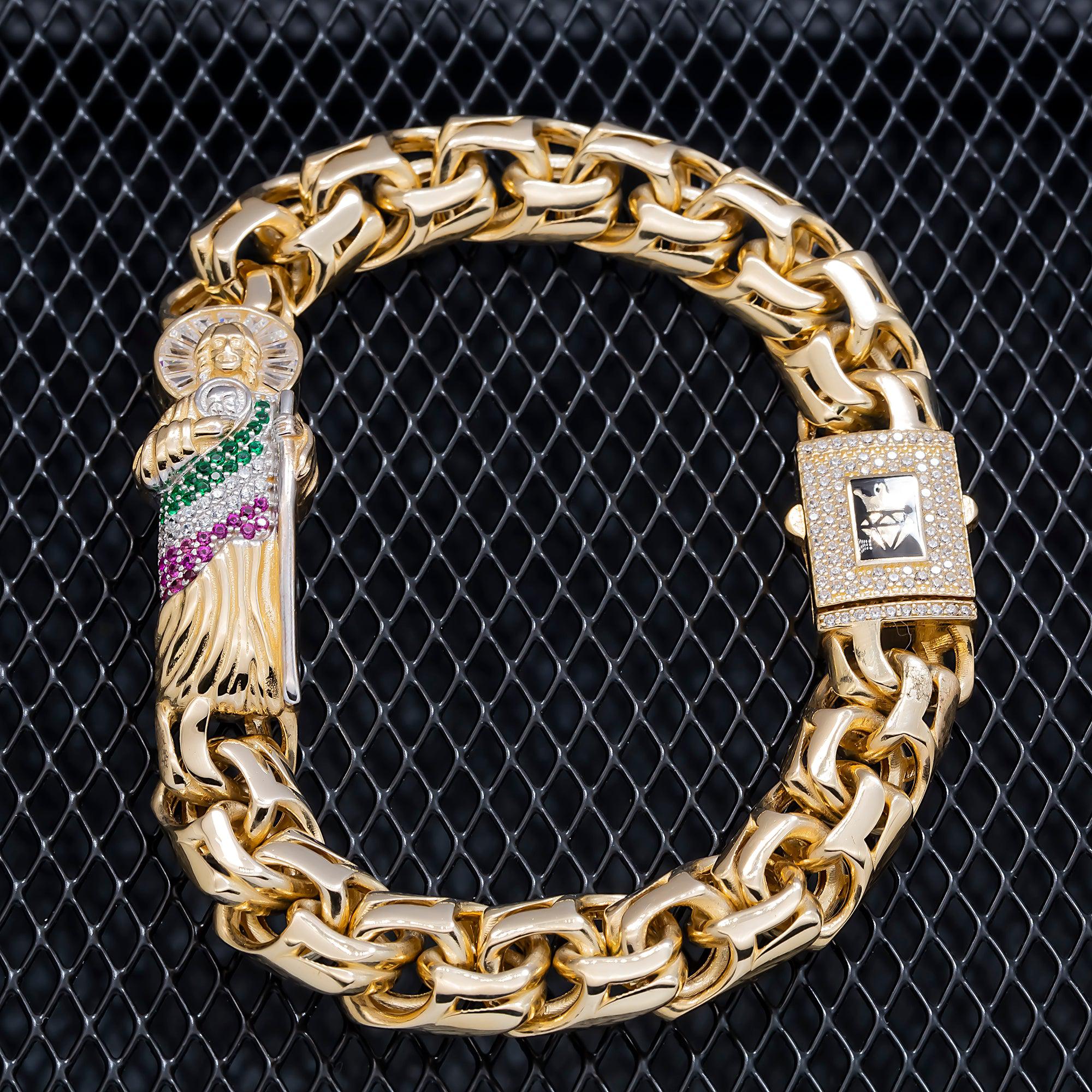 14K GOLD DIAMOND AND GEMSTONES ST. JUDE CHINO LINK CHAIN BRACELET 34.3G