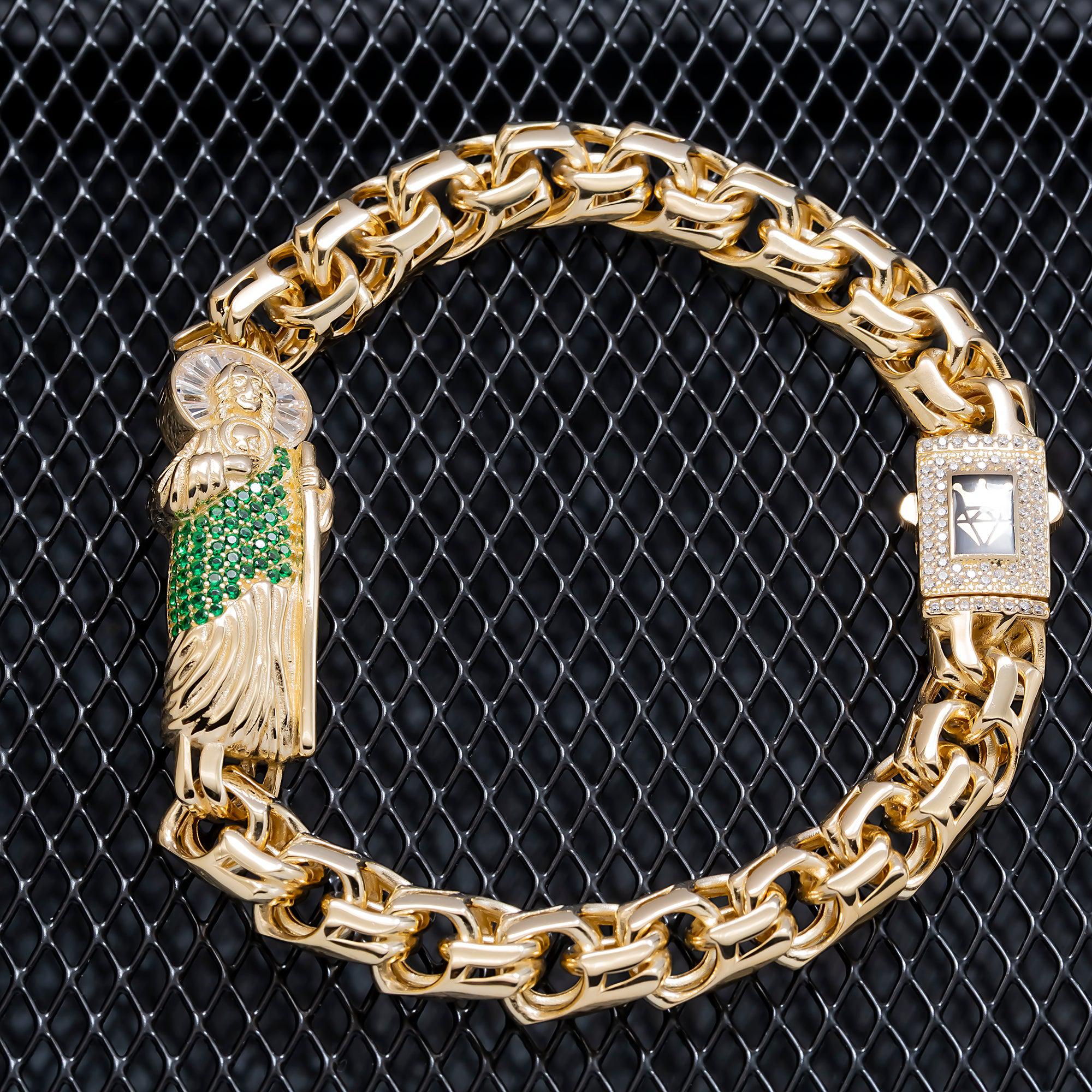 14K GOLD DIAMOND AND GEMSTONES ST. JUDE CHINO LINK CHAIN BRACELET 29.2G