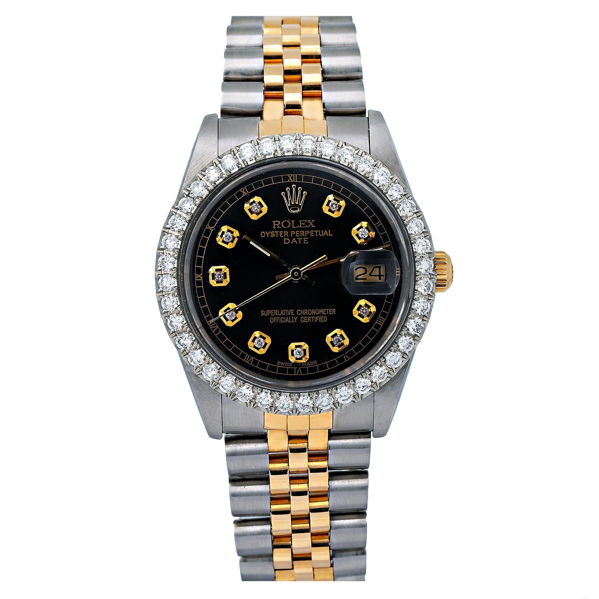 Rolex Oyster Perpetual Date 15053 34MM Black Diamond Dial With 1.30 CT Diamonds