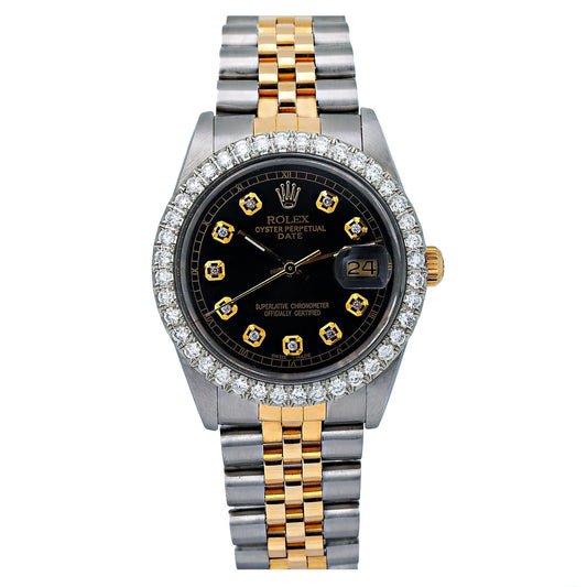 Rolex Oyster Perpetual Date 15053 34MM Black Diamond Dial With 1.30 CT Diamonds