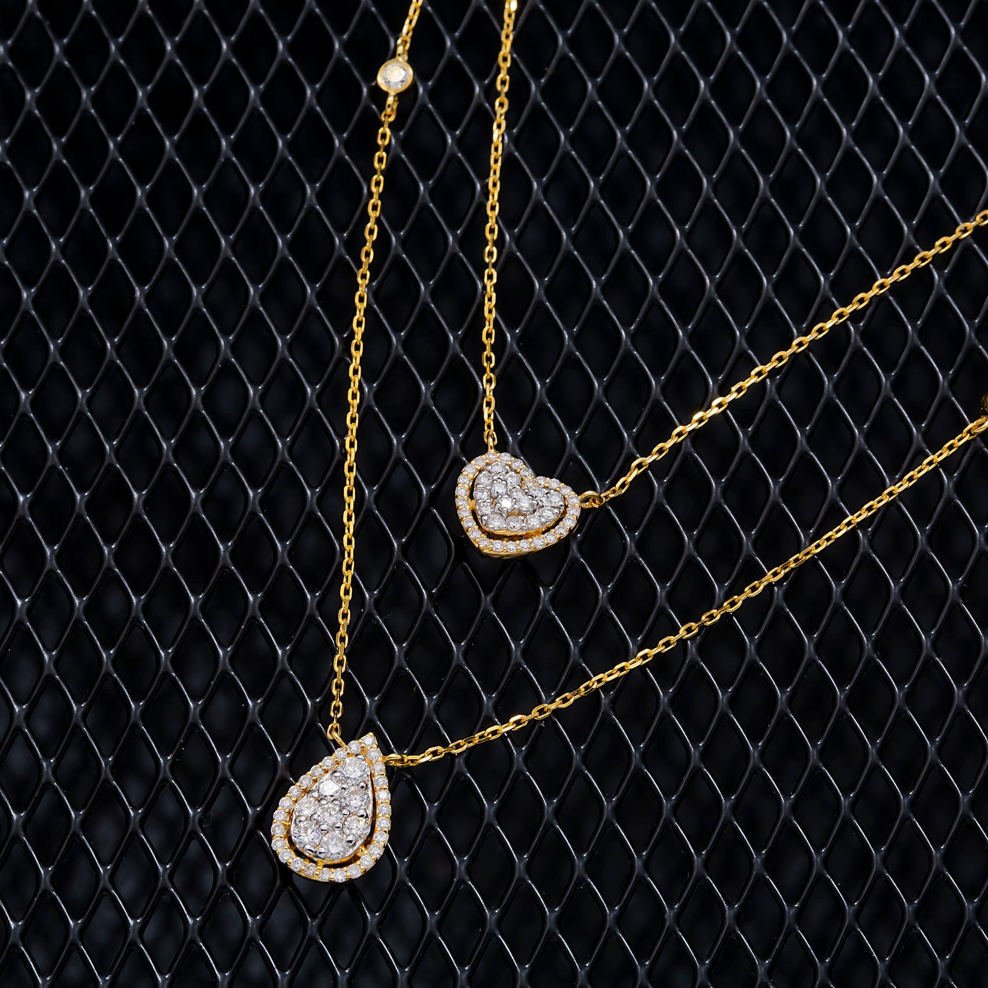 14K GOLD CLUSTER DIAMOND HEART AND PEAR SHAPE NECKLACE 0.90 CT