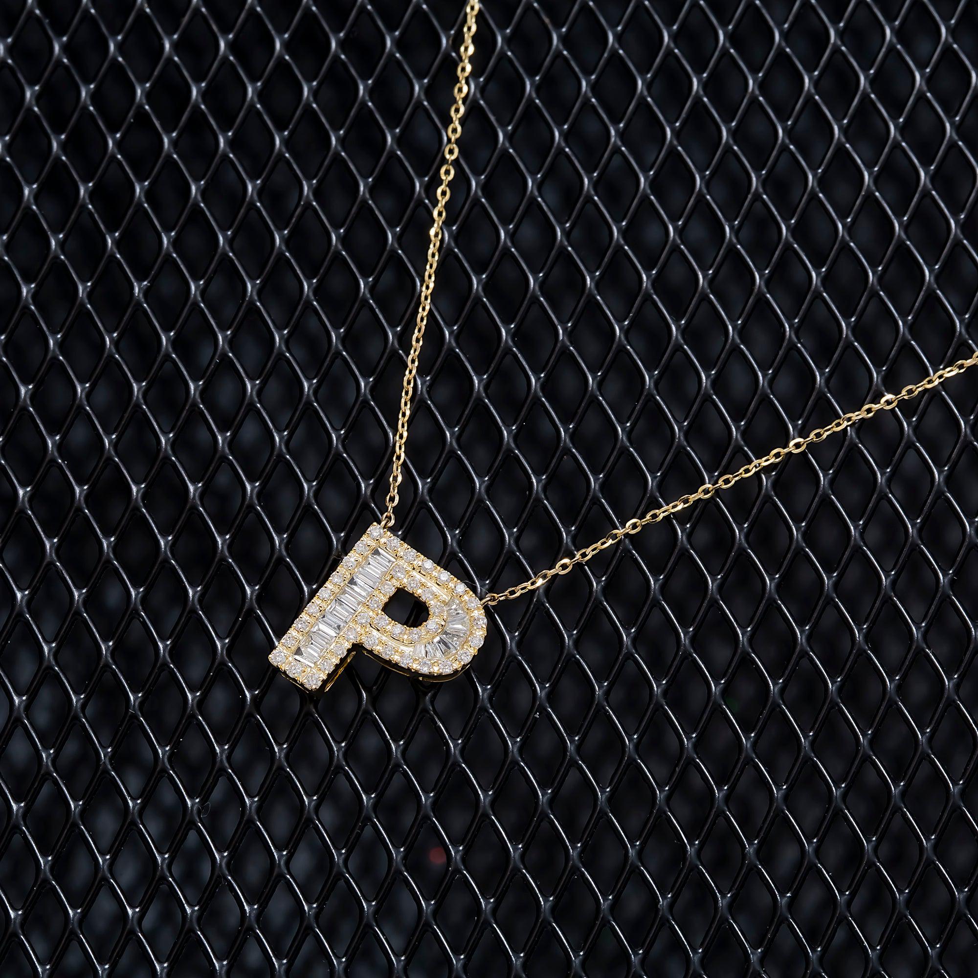 14K GOLD BAGUETTE DIAMOND INITIAL P NECKLACE 0.40 CT