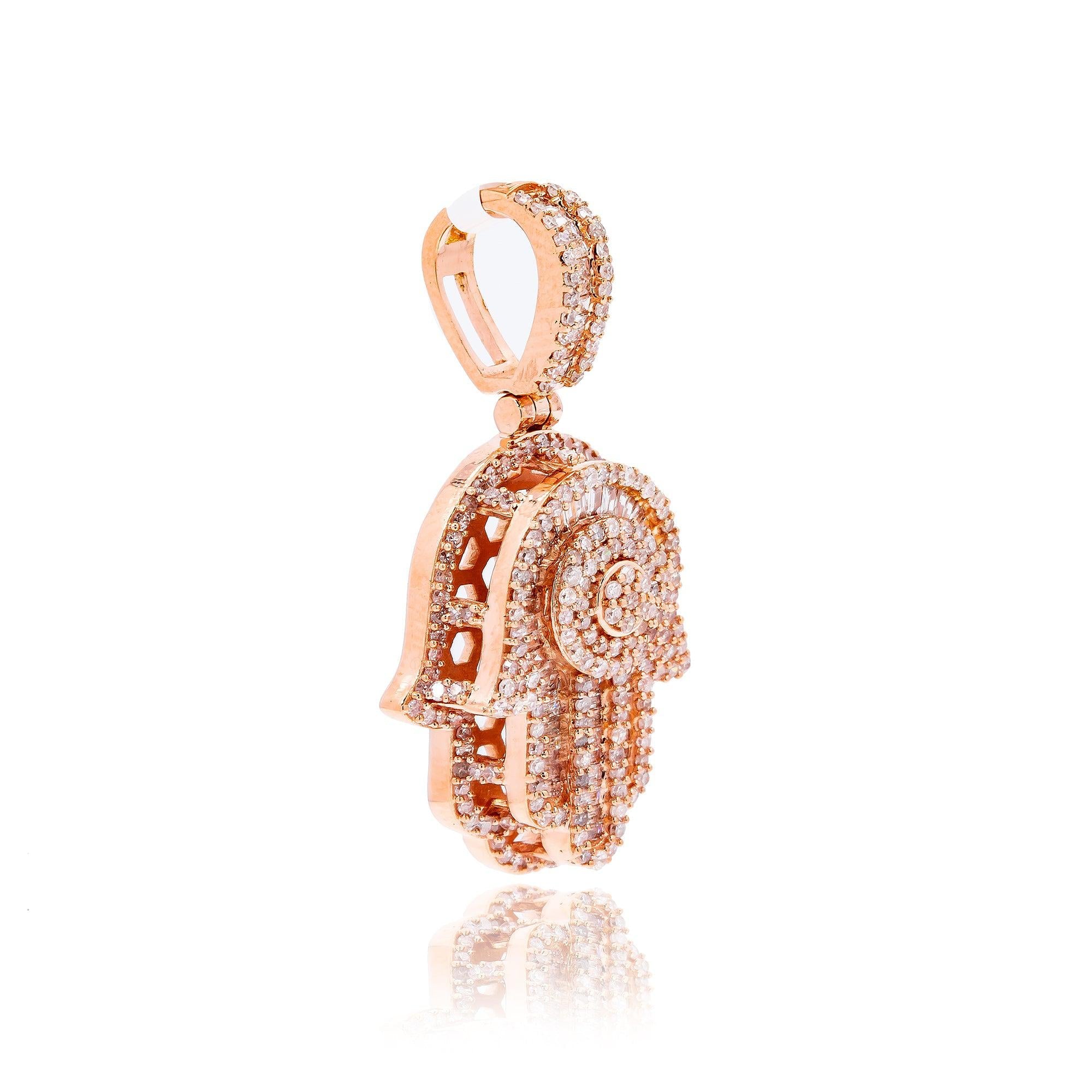 14K Rose Gold Unisex Hamsa Pendant with 1.19 CT Diamond