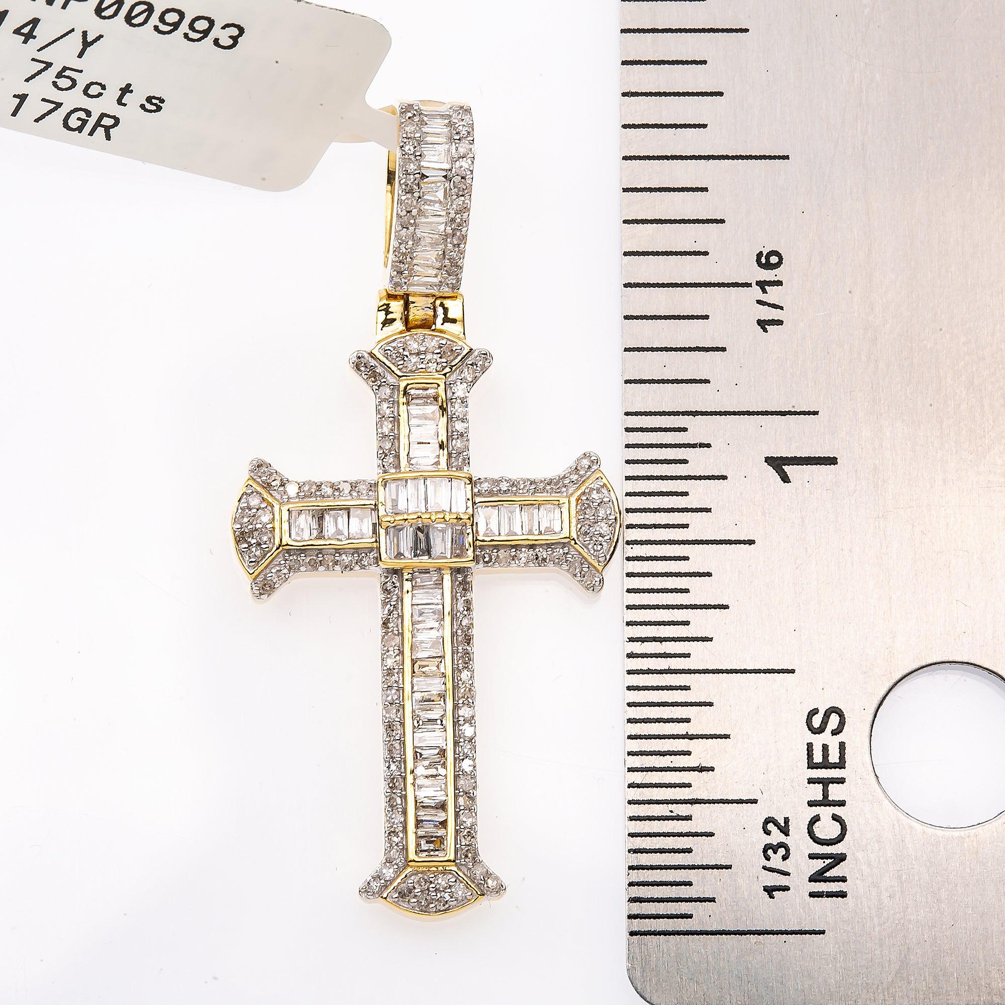 Unisex 14K Yellow Gold Cross Pendant with 0.75 CT Diamonds
