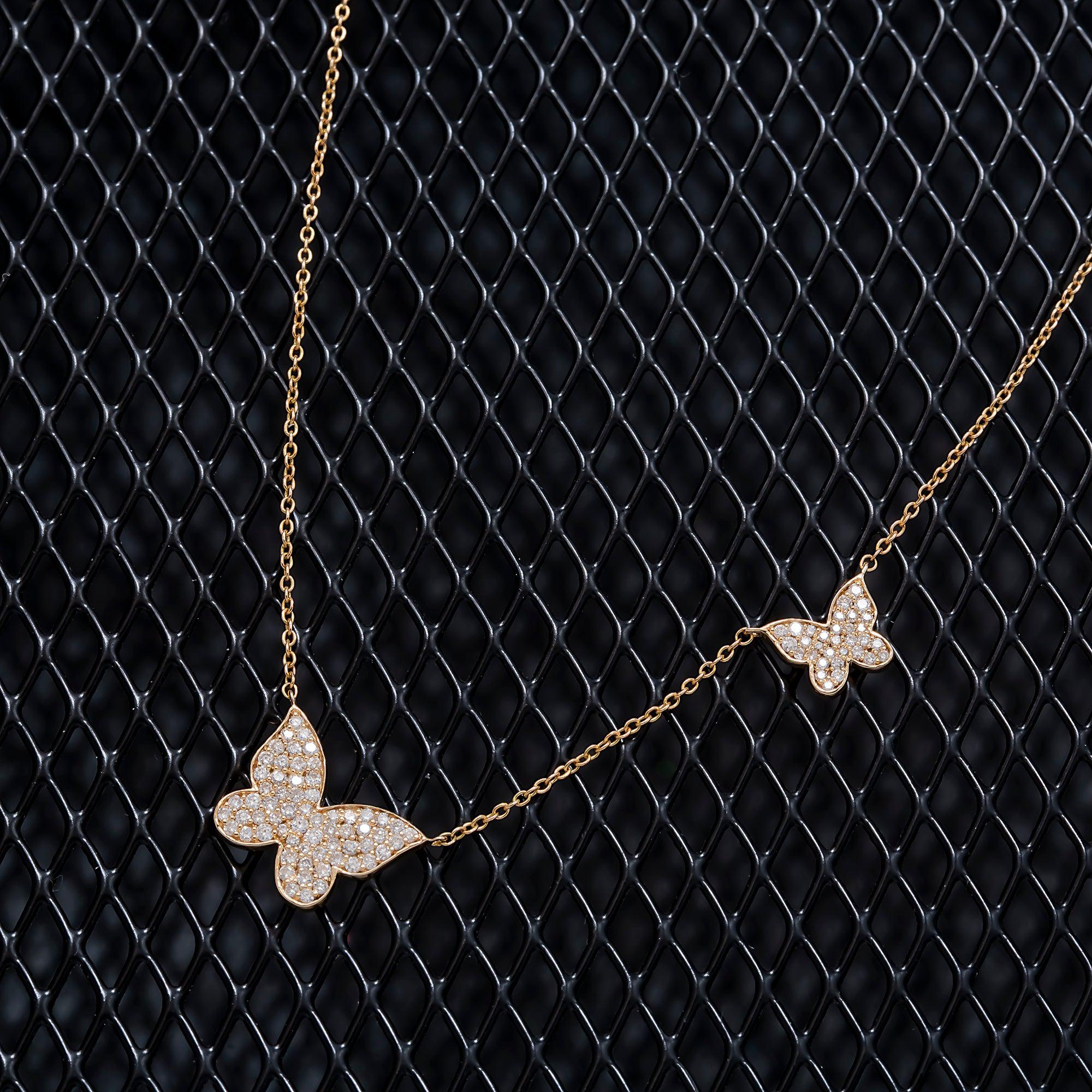 14K GOLD DIAMOND DOUBLE BUTTERFLY NECKLACE 0.40 CT