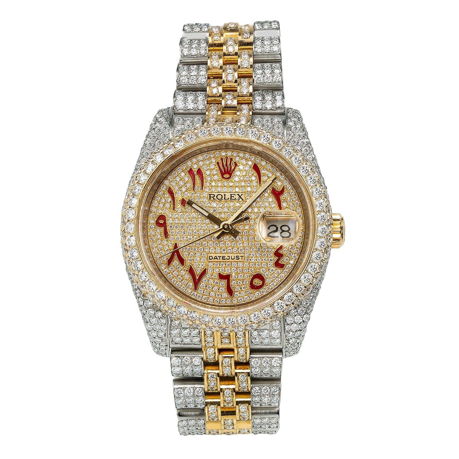 Rolex Datejust 36MM 116233 Diamond Paved Red Eastern Arabic Dial Diamond Bezel Two Tone Full Diamond Jubilee Bracelet 13.25ct