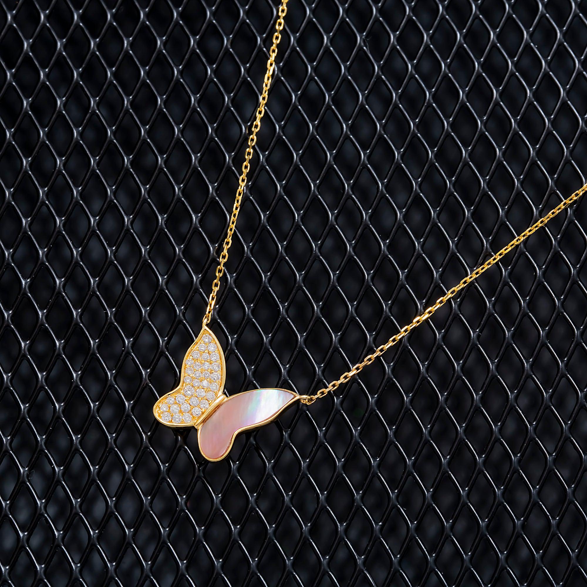 14K GOLD DIAMOND BUTTERFLY MOTHER OF PEARL NECKLACE 0.20 CT