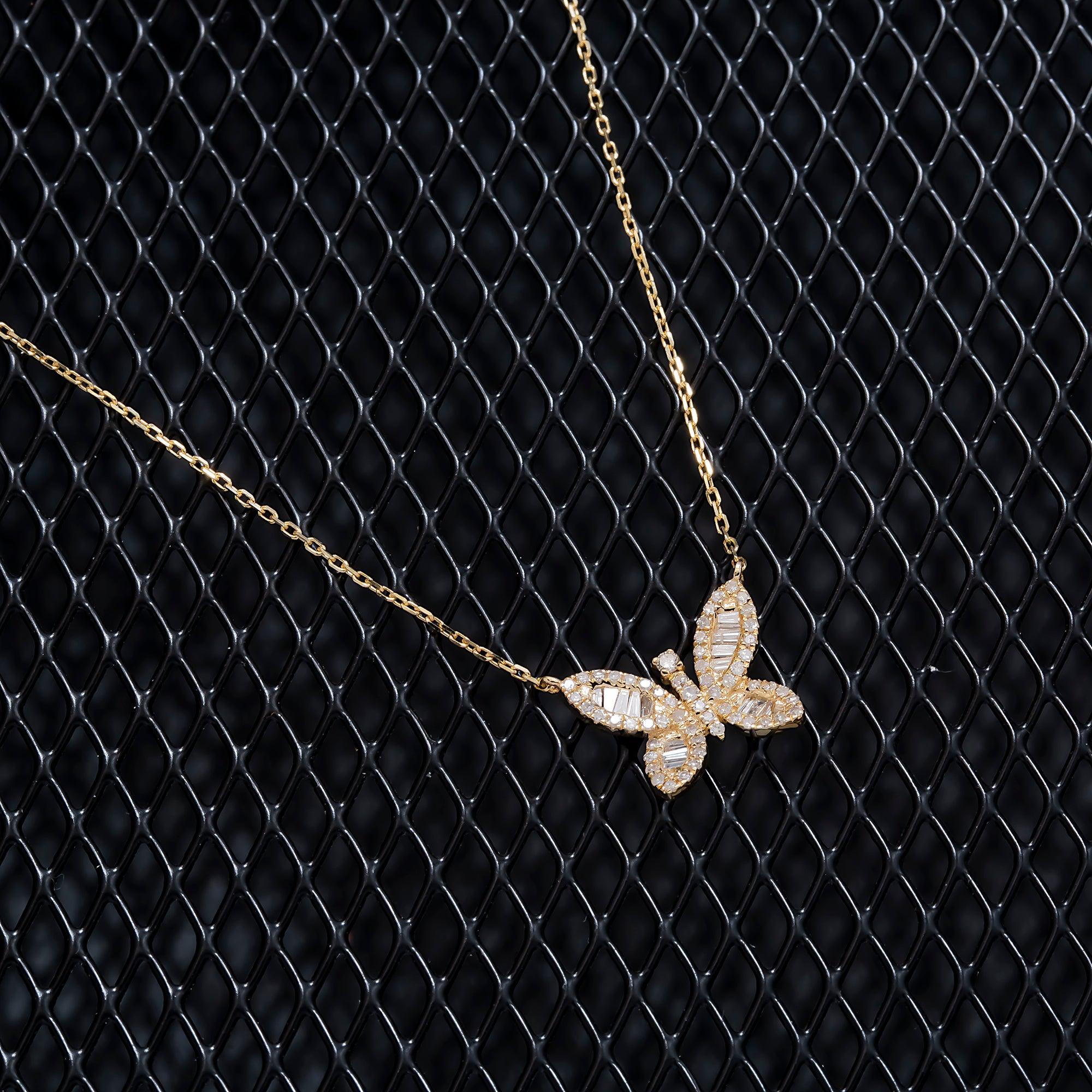 14K GOLD BAGUETTE DIAMOND BUTTERFLY NECKLACE 0.40 CT