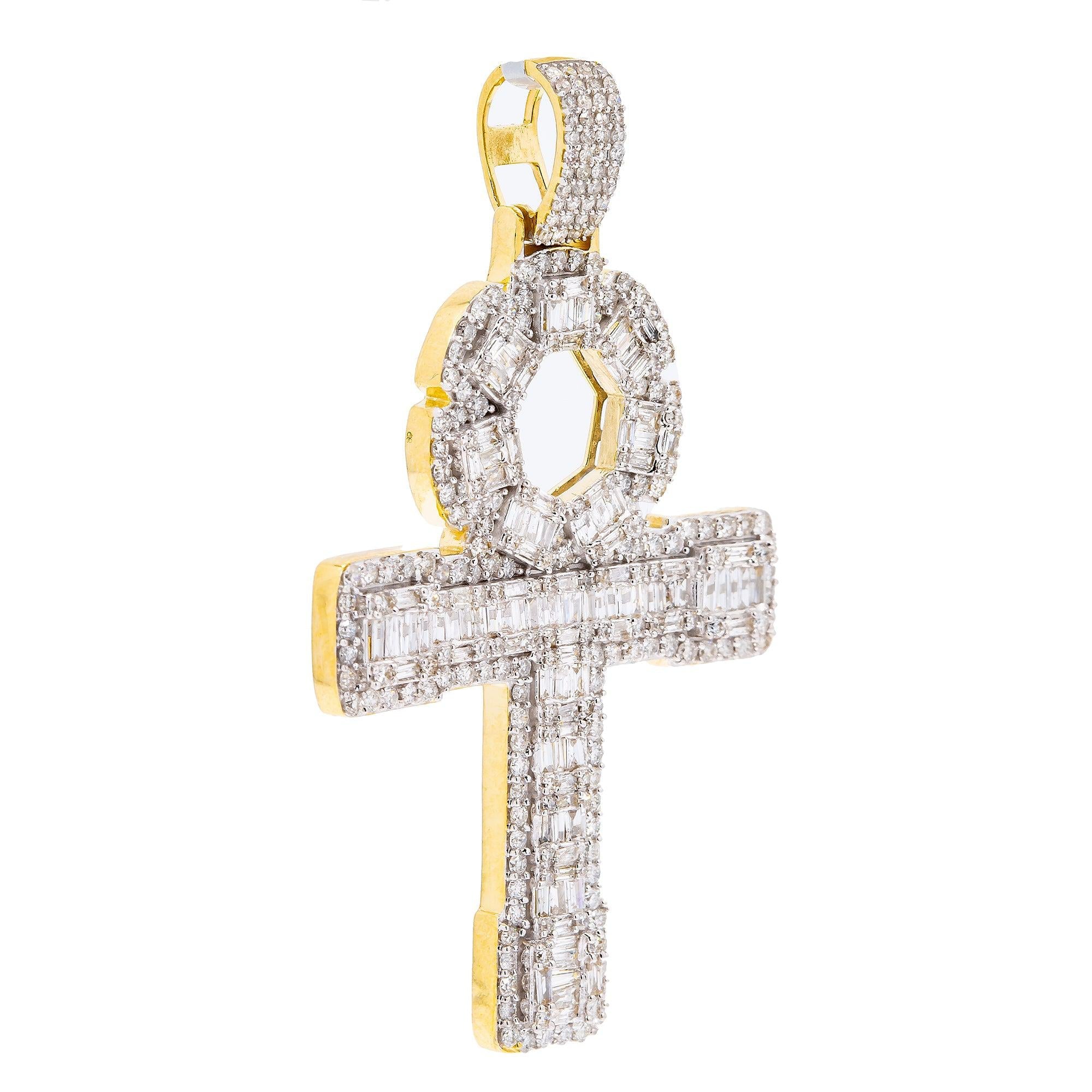 14K White Gold Unisex Ankh Pendant with 1.94 CT Baguette Diamond