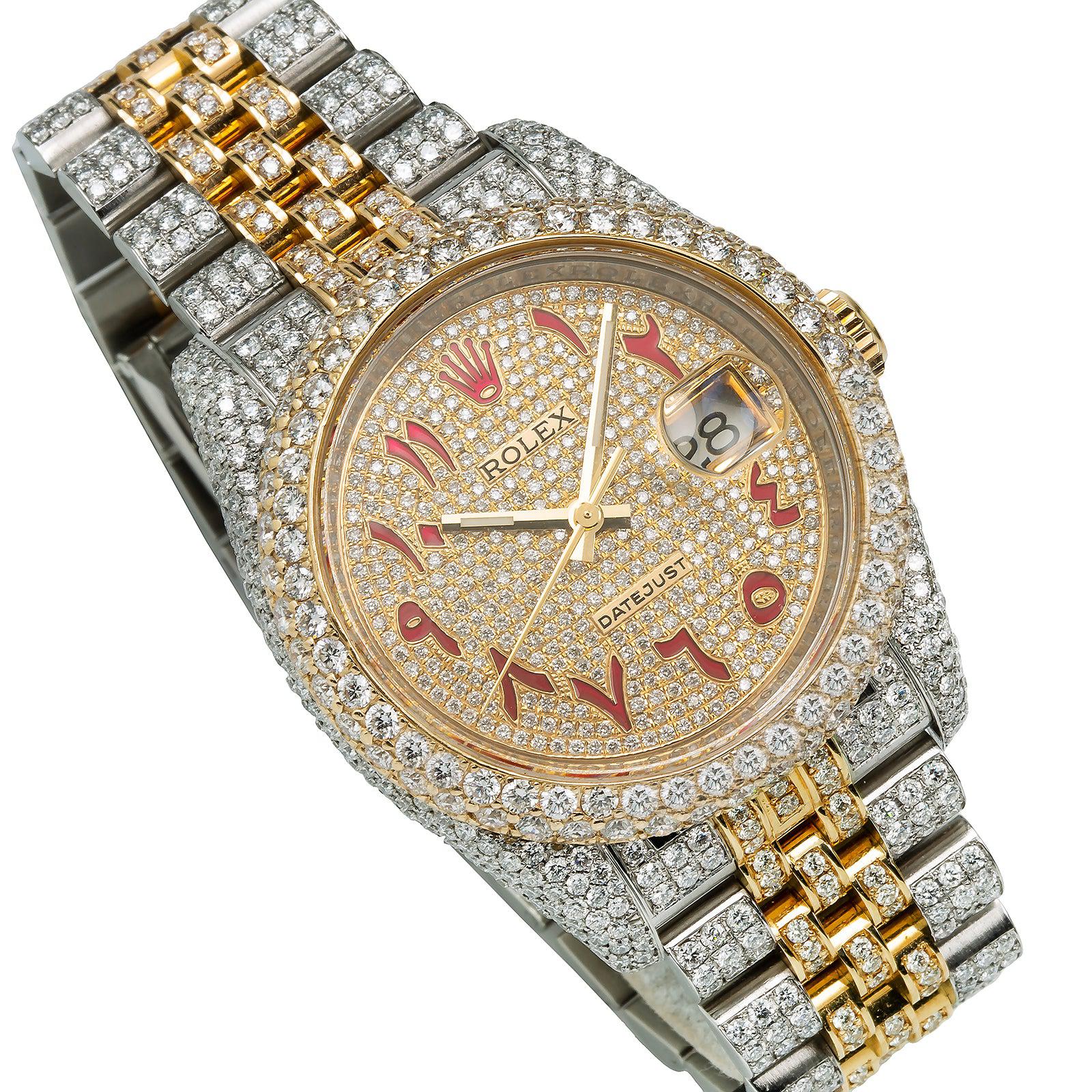 Rolex Datejust 36MM 116233 Diamond Paved Red Eastern Arabic Dial Diamond Bezel Two Tone Full Diamond Jubilee Bracelet 13.25ct