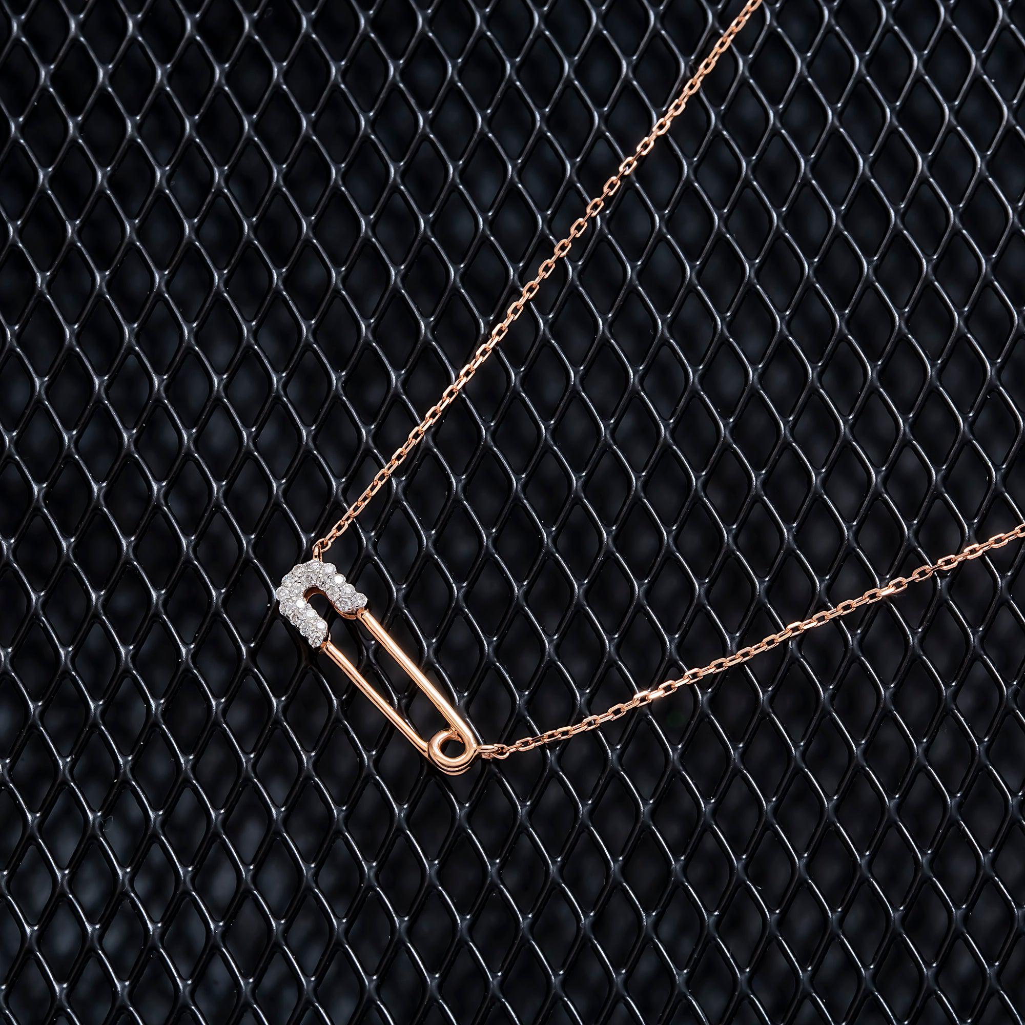 14K GOLD DIAMOND SAFETY PIN NECKLACE 0.10 CT