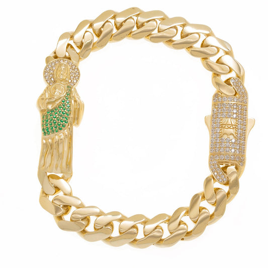 14K GOLD DIAMOND AND GREEN GEMSTONE ST. JUDE CUBAN LINK BRACELET 24.1G
