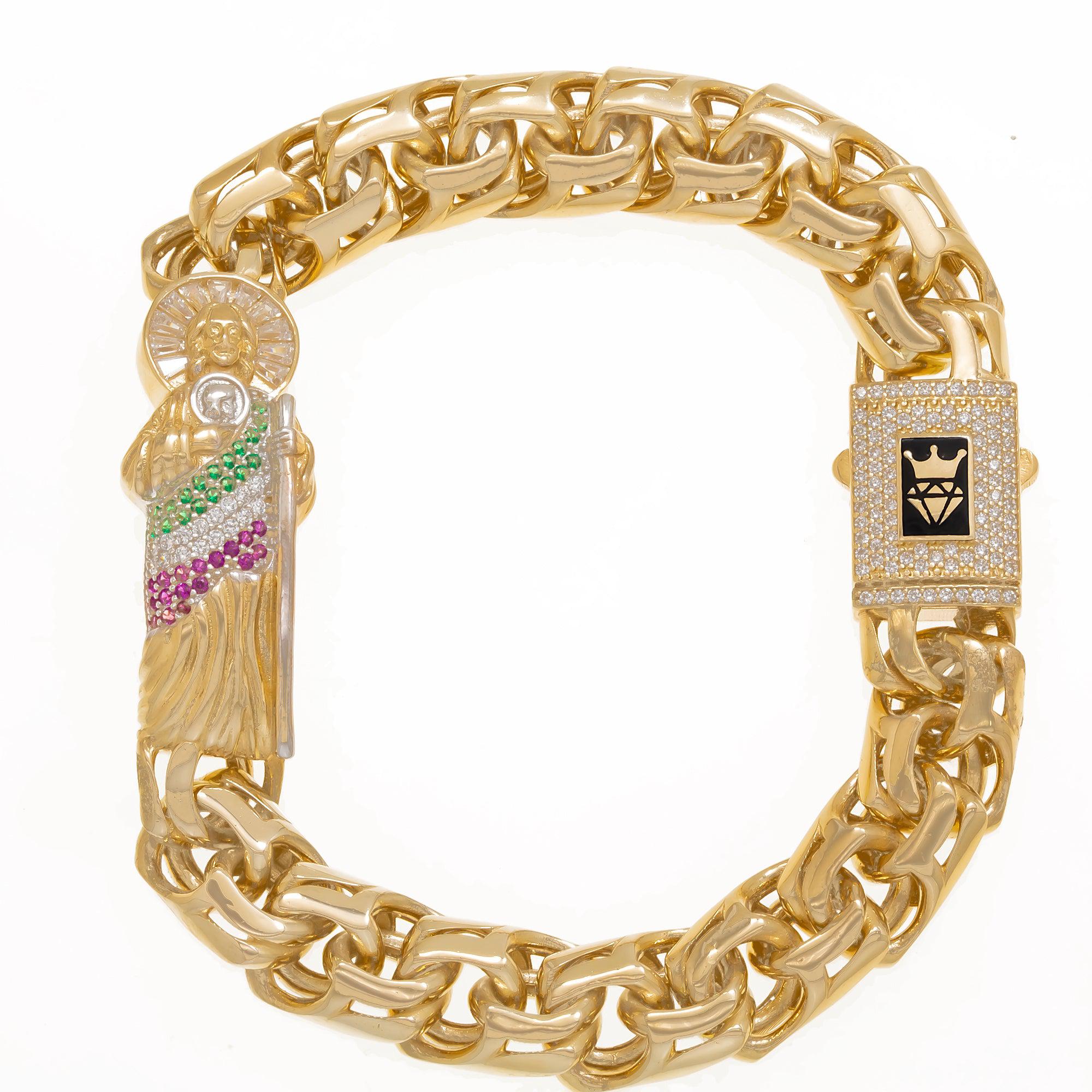 14K GOLD DIAMOND AND GEMSTONES ST. JUDE CHINO LINK CHAIN BRACELET 34.3G