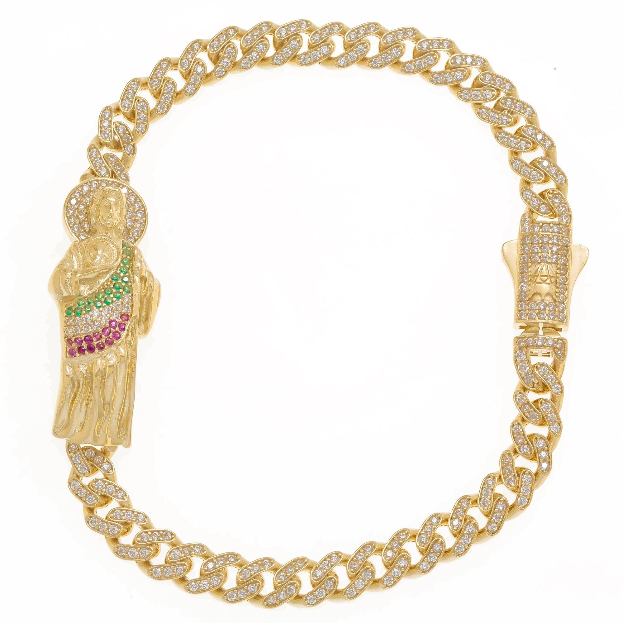 14K GOLD SZ STONES AND GEMSTONES ST. JUDE CUBAN LINK BRACELET 18.7G