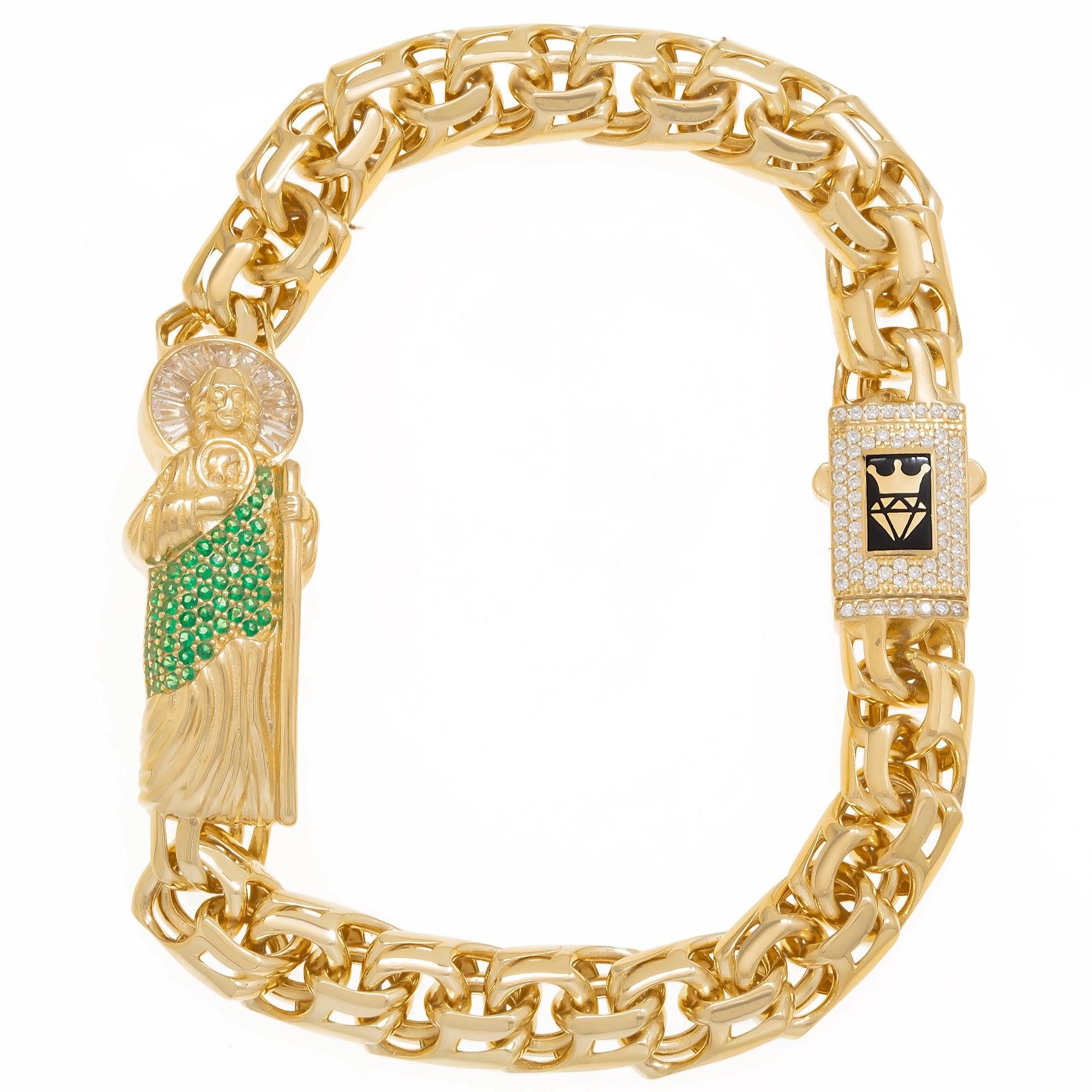 14K GOLD DIAMOND AND GEMSTONES ST. JUDE CHINO LINK CHAIN BRACELET 29.2G