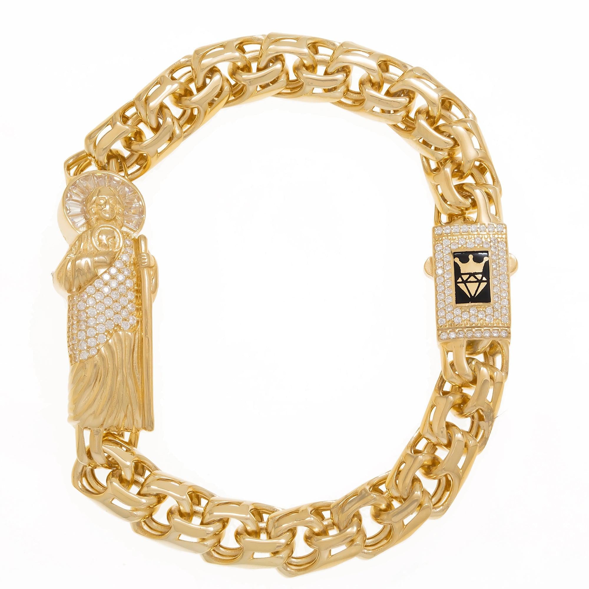 14K GOLD ST. JUDE CHINO LINK CHAIN BRACELET 27.9G WITH DIAMONDS