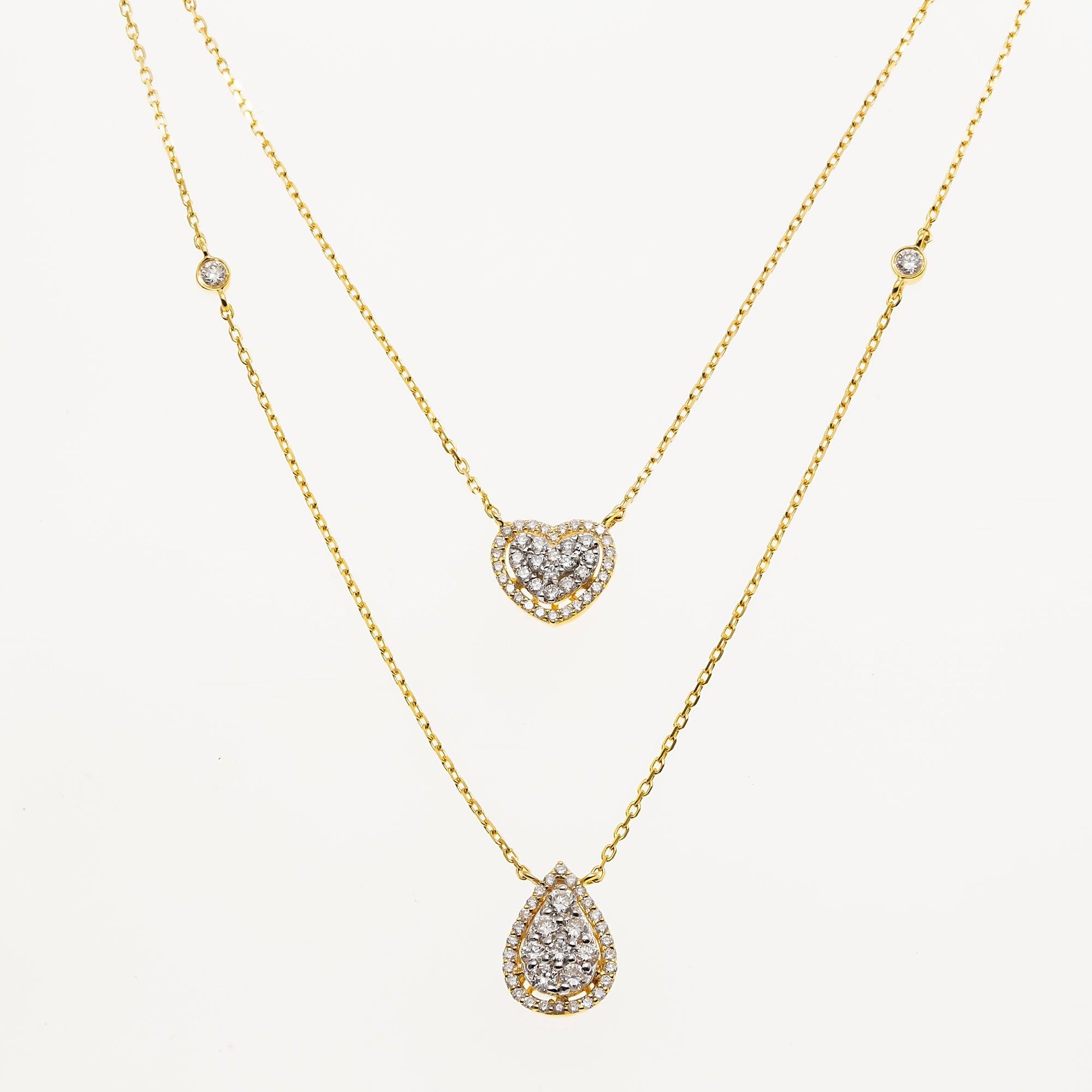 14K GOLD CLUSTER DIAMOND HEART AND PEAR SHAPE NECKLACE 0.90 CT