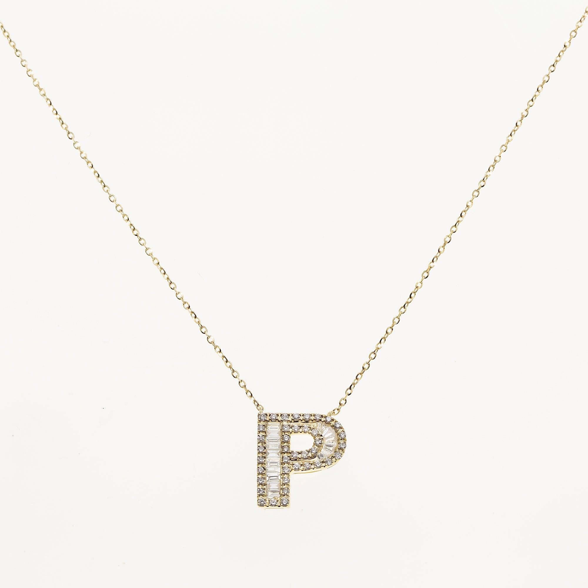 14K GOLD BAGUETTE DIAMOND INITIAL P NECKLACE 0.40 CT