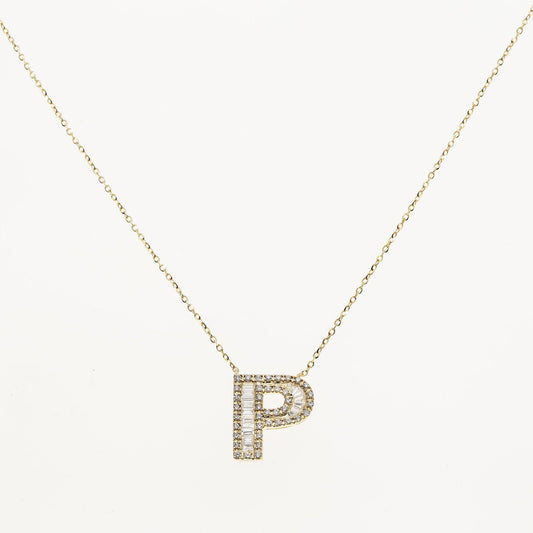 14K GOLD BAGUETTE DIAMOND INITIAL P NECKLACE 0.40 CT