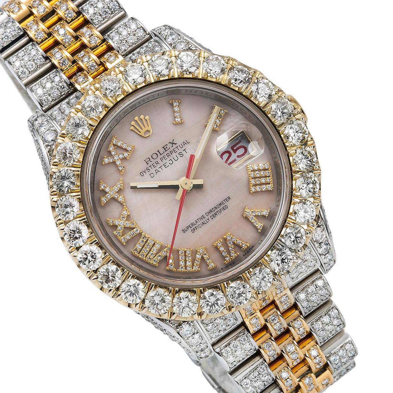 Rolex Datejust 36MM 116263 Pink Mother of Pearl Roman Dial Diamond Bezel Two Tone Full Diamond Jubilee Bracelet 13.75ct