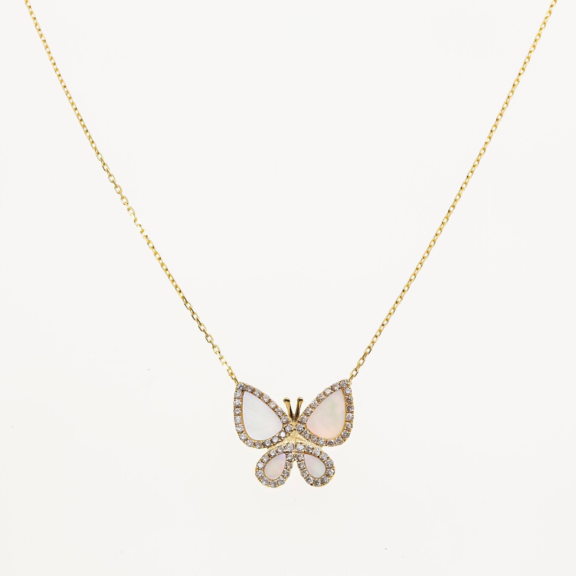 14K GOLD DIAMOND BUTTERFLY MOTHER OF PEARL NECKLACE 0.40 CT
