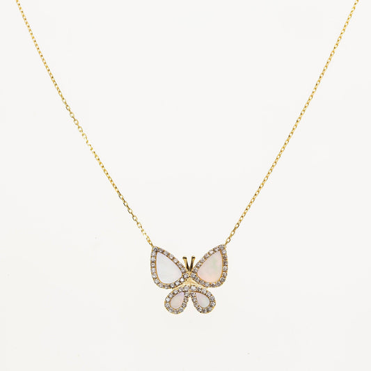 14K GOLD DIAMOND BUTTERFLY MOTHER OF PEARL NECKLACE 0.40 CT