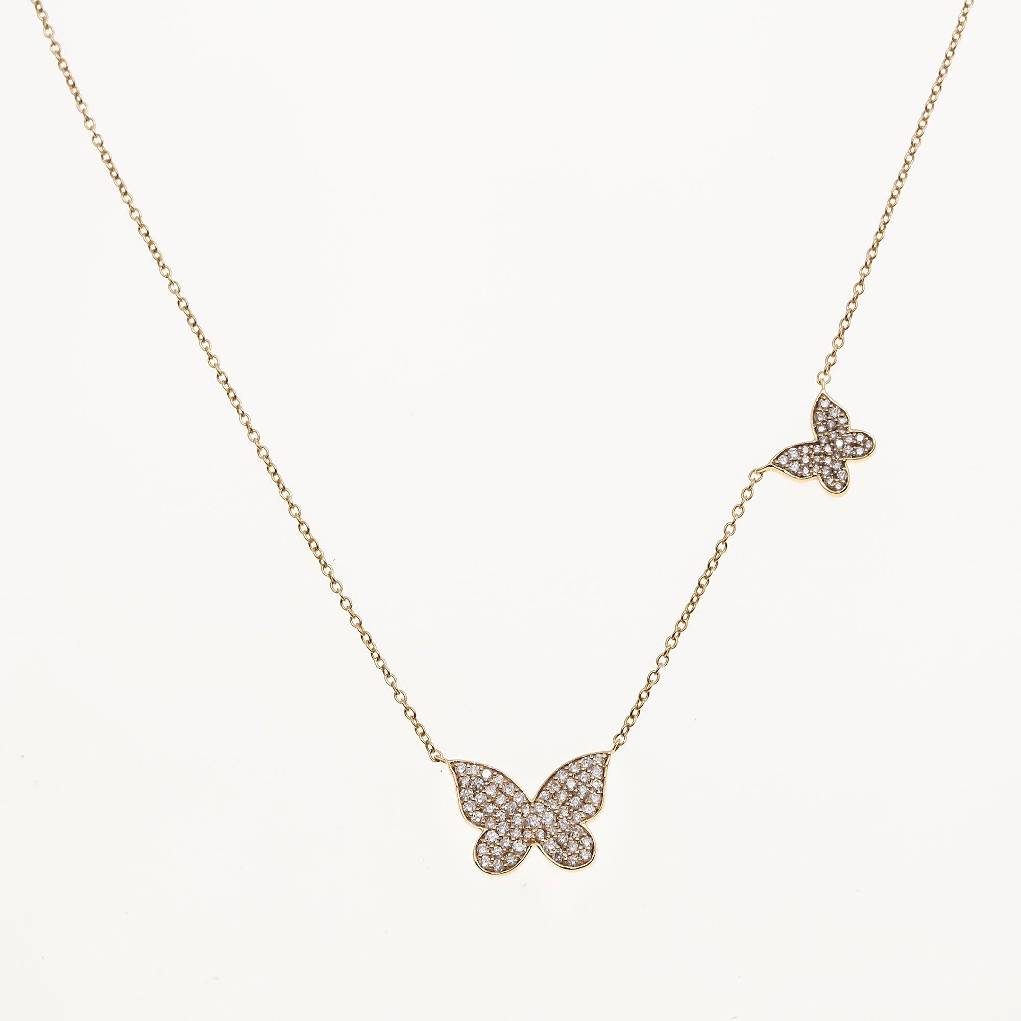 14K GOLD DIAMOND DOUBLE BUTTERFLY NECKLACE 0.40 CT