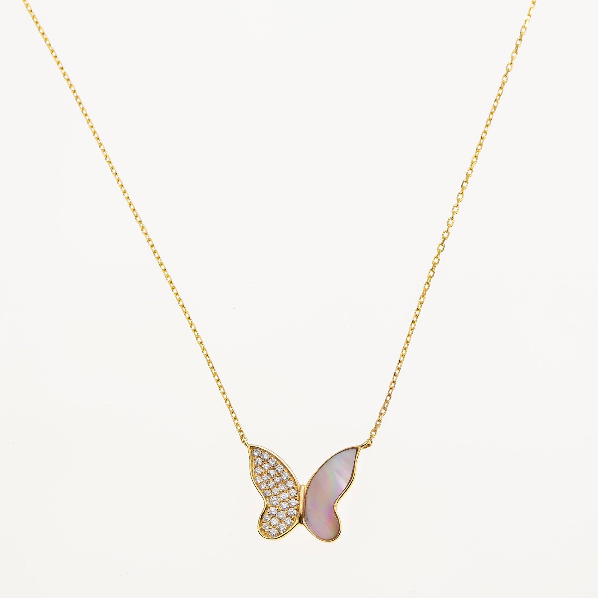 14K GOLD DIAMOND BUTTERFLY MOTHER OF PEARL NECKLACE 0.20 CT
