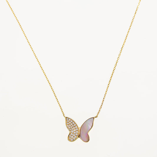 14K GOLD DIAMOND BUTTERFLY MOTHER OF PEARL NECKLACE 0.20 CT