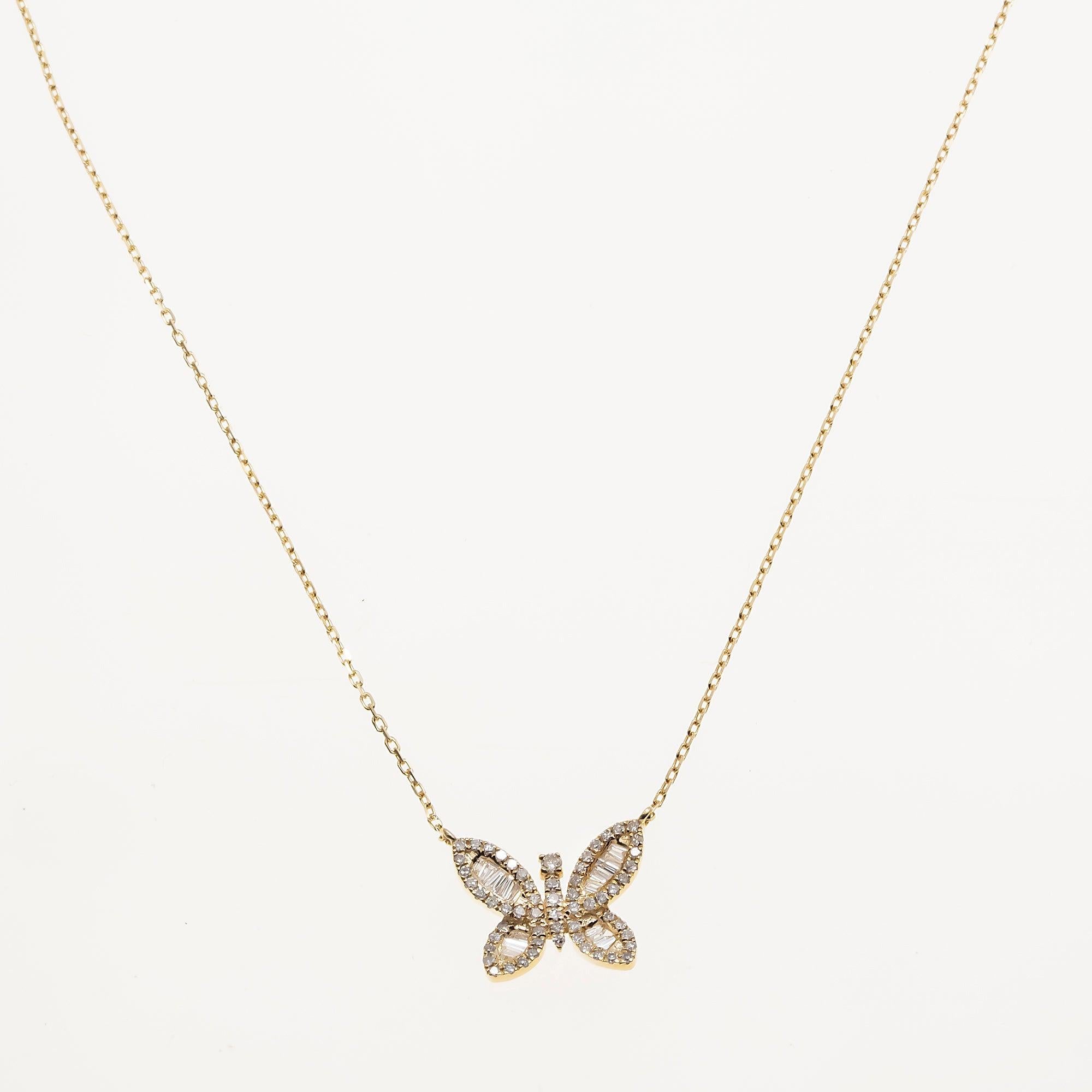 14K GOLD BAGUETTE DIAMOND BUTTERFLY NECKLACE 0.40 CT