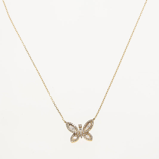 14K GOLD BAGUETTE DIAMOND BUTTERFLY NECKLACE 0.40 CT